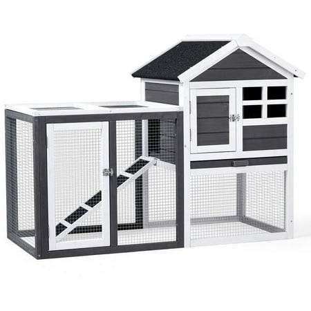 imerelez 48 inch Wooden Rabbit Hutch Outdoor Chicken Coop Indoor Bunny Cage with Run Guinea Pig House Pet House with Pull Out Upper Tray Grey