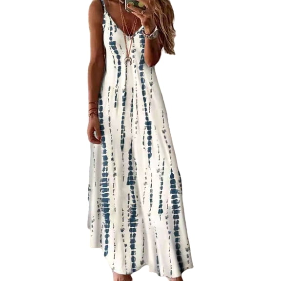 Lumento Beach Sun Dress for Womens Casual V Neck Loose Long Dress Tie Dye Flowy Pleated Dress Summer Holiday Maxi Dress