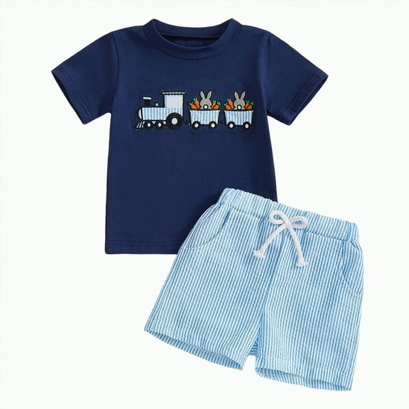 TOWED22 Baby Boy Clothes Toddler Boy Summer Outfits Short Sleeve Patchwork Top T-shirt & Pocket Pant Set 2 Piece 12 Months-4T(Blue,2-3 Years)