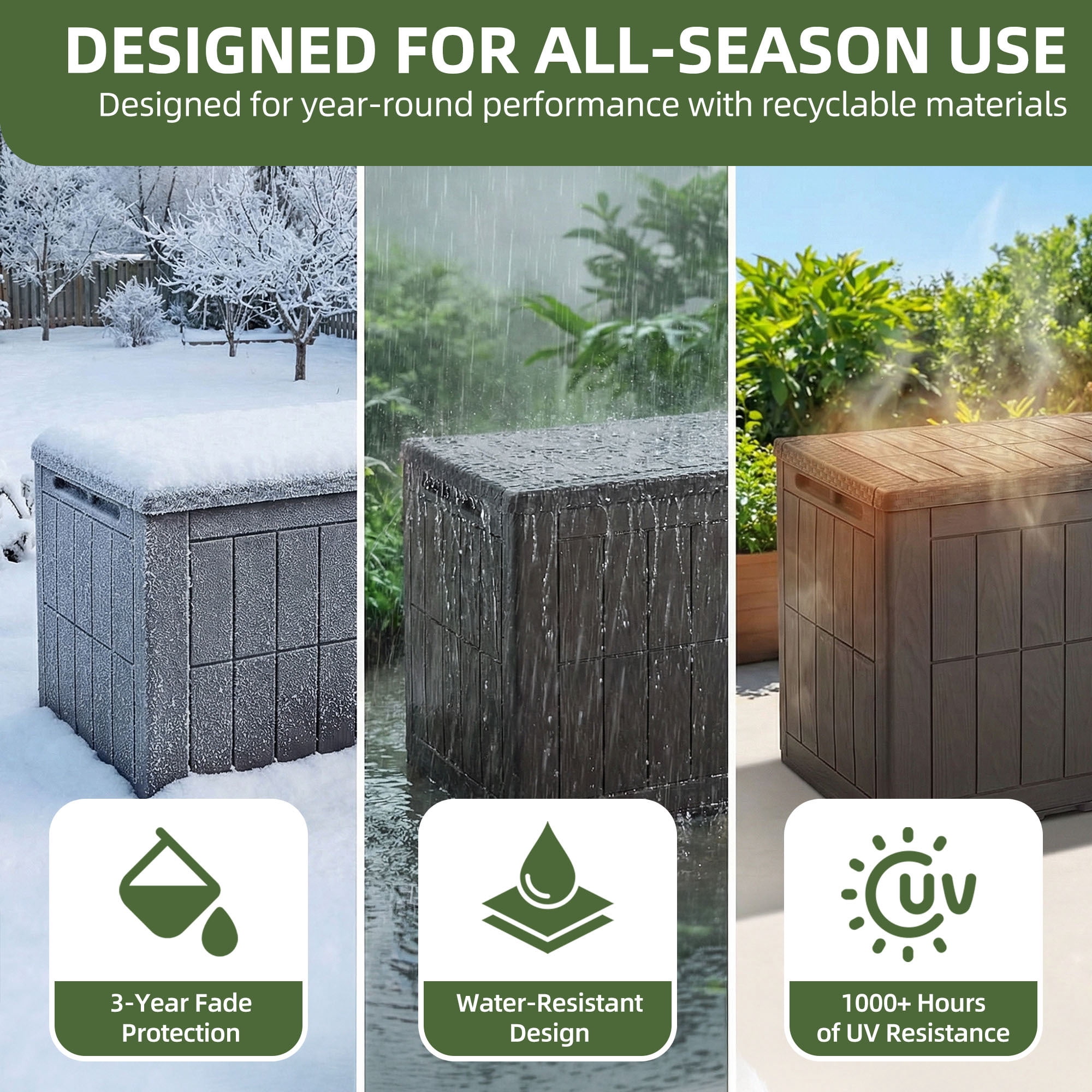 Uforic 134 Gallon Large Outdoor Deck Box, Waterproof Resin Patio Storage Box with Lockable Latch, 2-Person Bench Seat Design for Patio Cushions, Garden Tools and Pool Accessories, Dark Brown