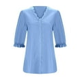 thumbnail image 4 of GEWSEY Women Summer Casual V Neck Lace Elegant Tops Fashion Trendy 3/4 Puff Sleeve Loose Fit Hollow Blouses Tunic Blouses (Blue, XL), 4 of 5