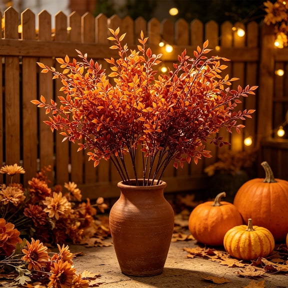 Artificial Orange Fall Leaf Stems, Faux Autumn Brown Eucalyptus Branches, Fake Foliage Picks for Thanksgiving Halloween Vase Table Centerpiece Mantel Indoor Outdoor Harvest Home Decorations