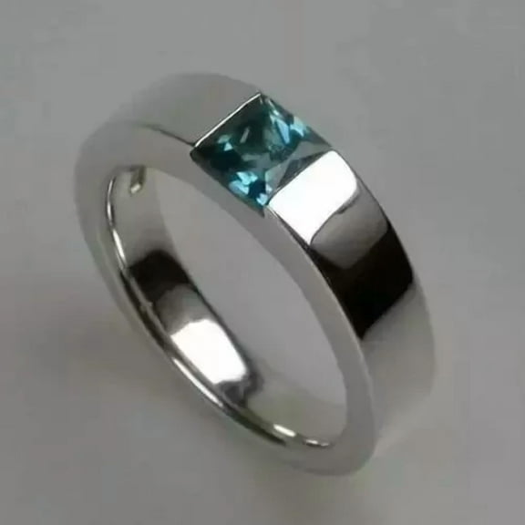 14K White Gold Plated 1.20 Ct Princess Lab Created London Topaz Men's Band Ring