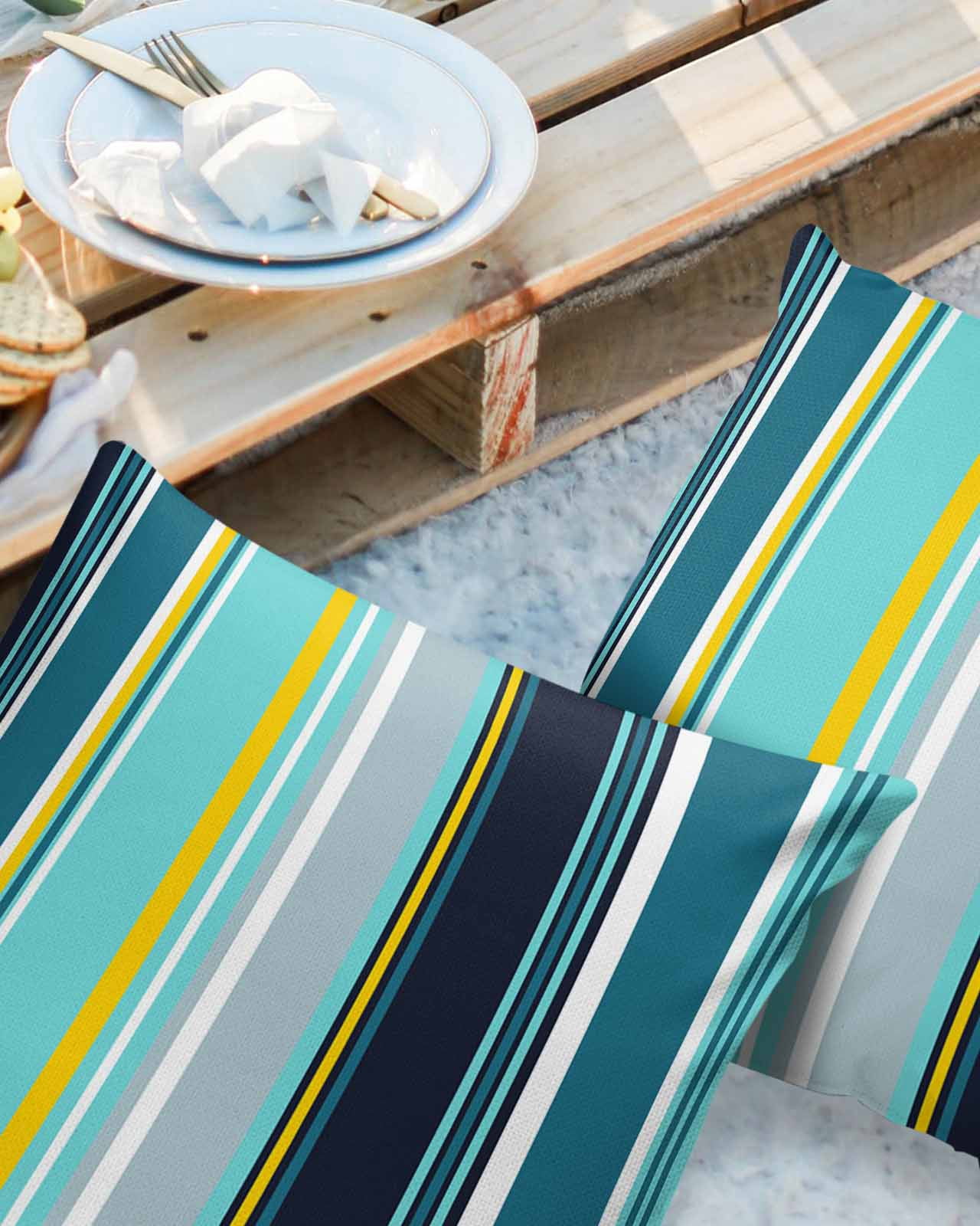 Pack of 2 Outdoor Pillow Covers, Colorful Stripes Navy Blue Teal Turquoise Black Wood Texture Waterproof Square Throw Pillowcase Cushion Decorative Pillow Covers for Couch Patio Tent, 16x16 in