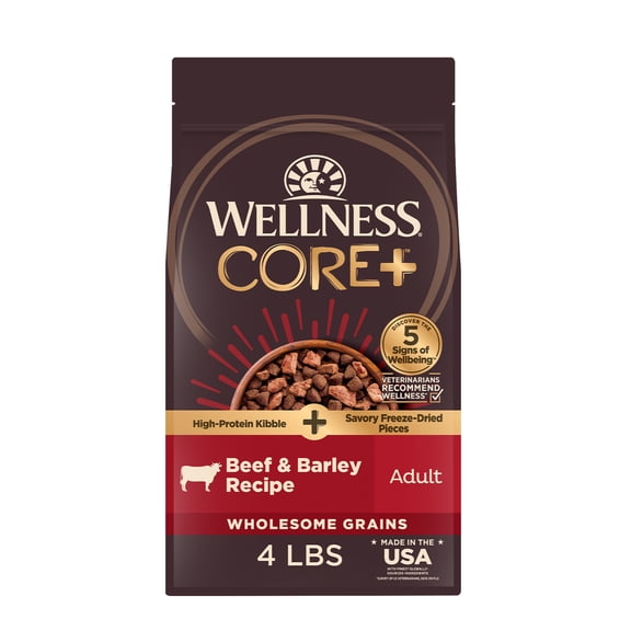 Wellness CORE Adult Dry Dog Food with Freeze Dried Pieces, Wholesome Grain Kibble , Natural, High Protein, Beef and Barley Recipe, 4 lb Bag