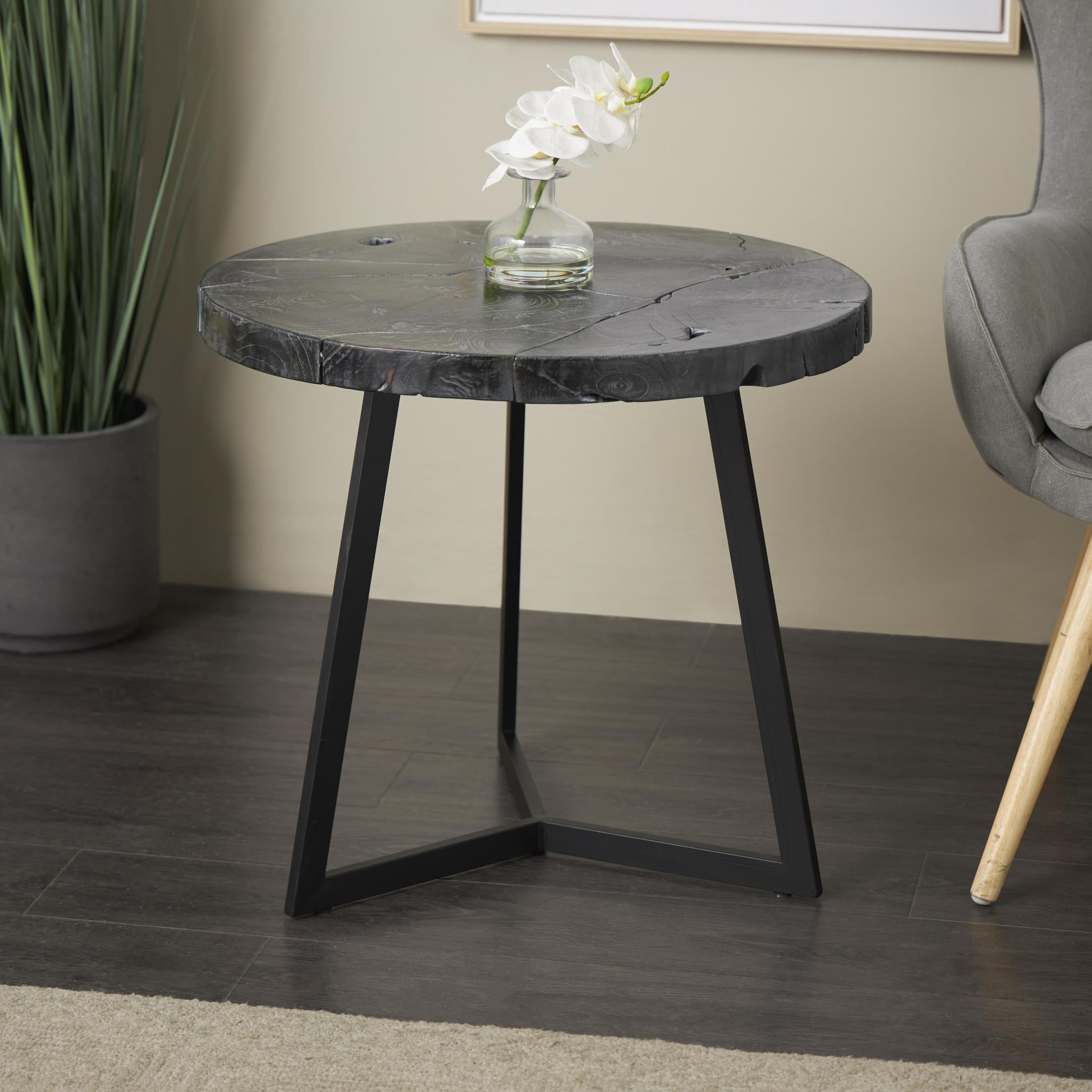 DecMode 24" x 22" Black Teak Wood Handmade Live Edge Geometric Accent Table with Black Metal Base, 1-Piece