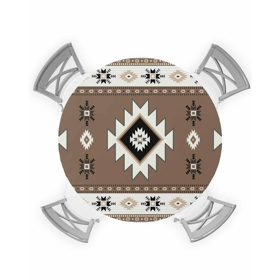 nqOlkjepod Brown Boho Round Tablecloth, Fitted Table Cover with Elastic for 45"-54" Round Tables, Farmhouse Aztec Southwest Ethnic Geometric Table Cloth Outdoor Dinning Party Waterproof Tablecloths