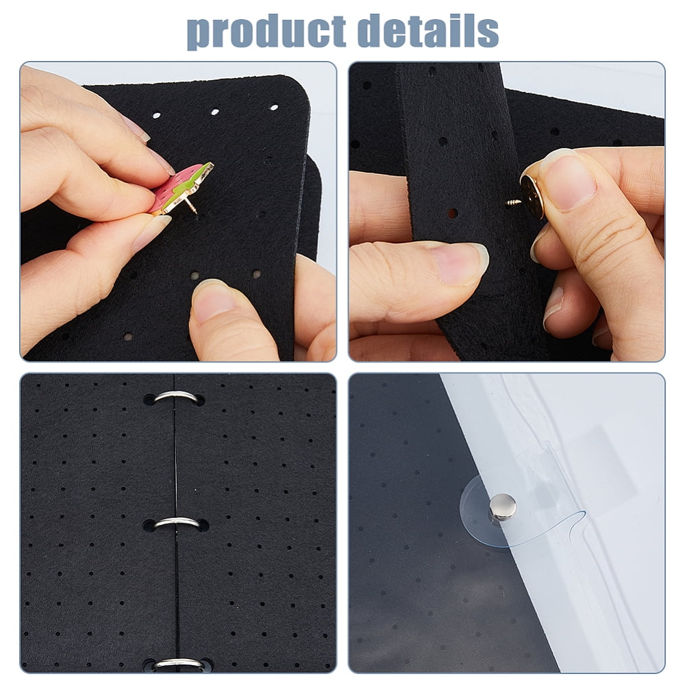 6 Pages Felt Brooches Collection Binder Book with Rectangle PVC Binder Cover and Iron Binder Rings Black 31.7x25.8x3.1cm