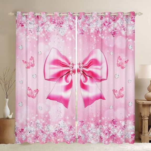 Erosebridal Pink Princess Bowknot Black Out Curtains For Girls,3D Glitter Print Diamond Kids Curtains Pack of 2 (42x63 Each)