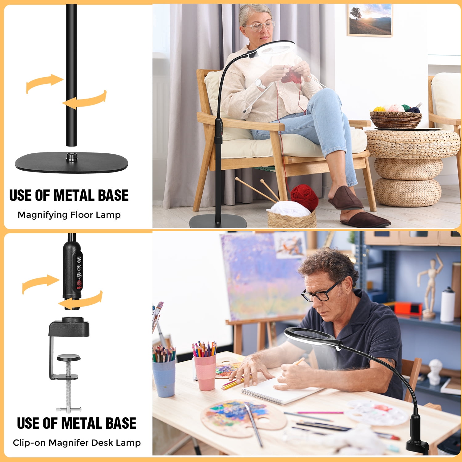 3-in-1 Magnifying Lamp with Light & Floor Stand - Real Glass Lens ,24" Flexible Gooseneck, 5-Color Stepless Dimmable LED Desk Lamp-floor/ Clamp Design, Hands-Free Magnifier for Craft & reading