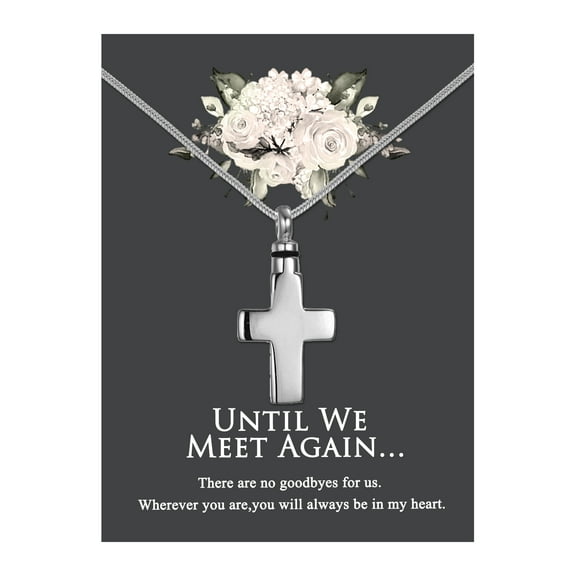 Anavia Cross Cremation Jewelry Stainless Steel Keepsake Memorial Urn Necklace for Human with"Until We Meet Again" Comfort Card-[Silver]