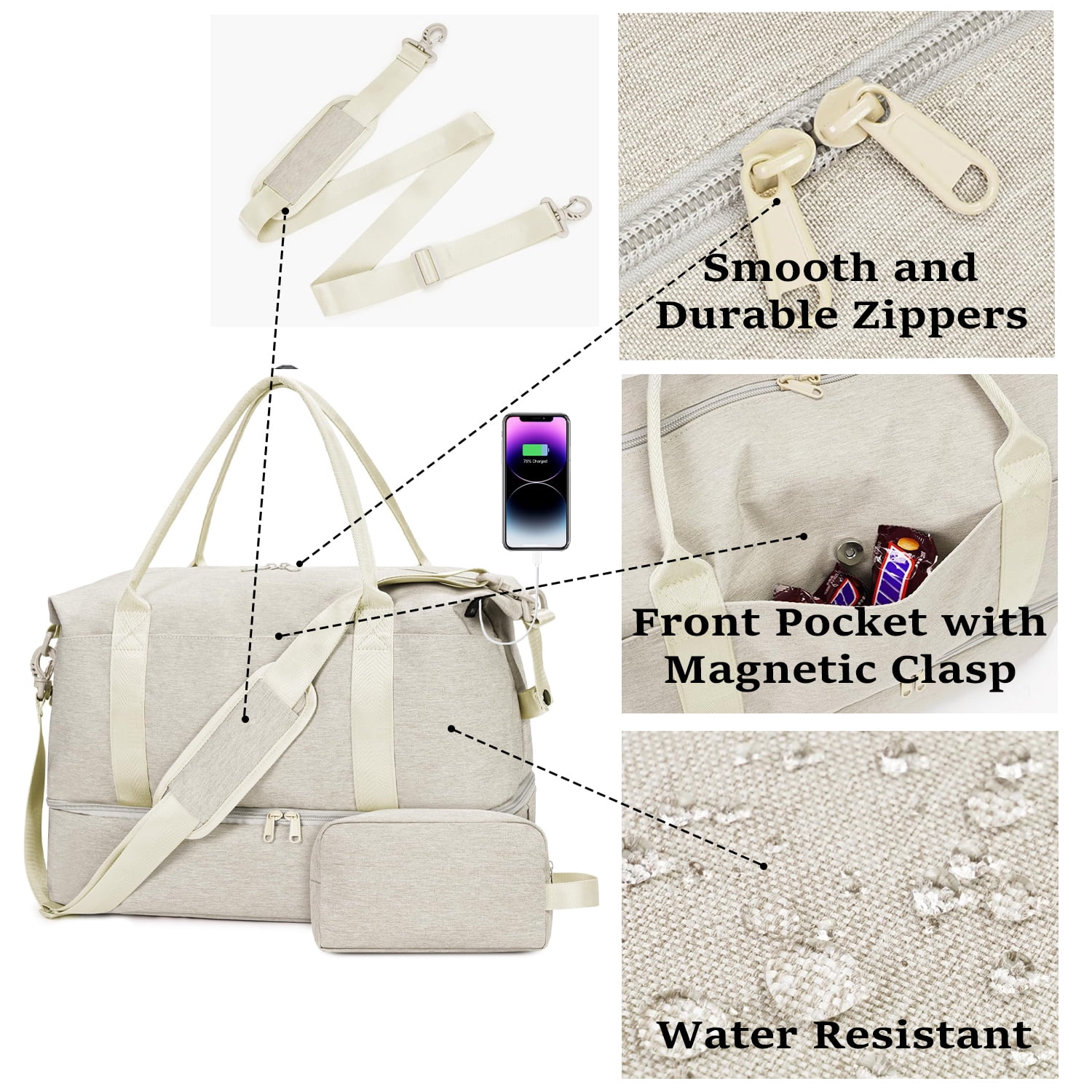 SportsNew Business Travel Bag with  Shoe Compartment  and Wet Pocket ,TSA Carry on Personal Item Bag  18x14x8 , Laptop Bag with USB Charging Port, Gym Tote Bag with Strip for Women(Beige Bag)