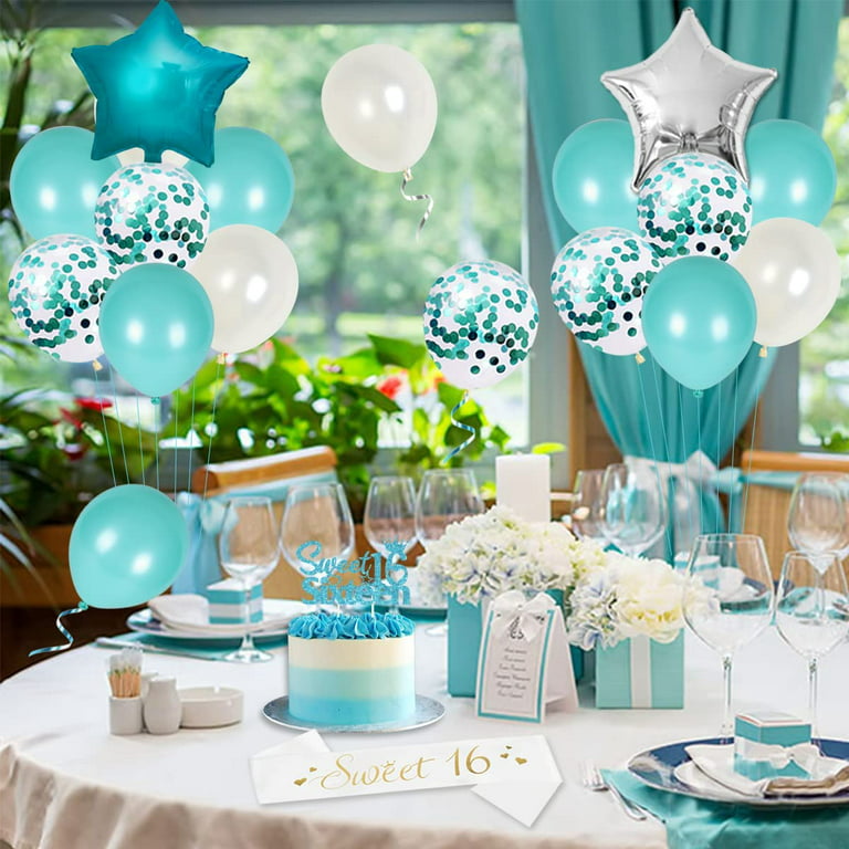 Turquoise, black and silver cake table  Teal party decorations, Birthday  party decorations for adults, Silver party decorations
