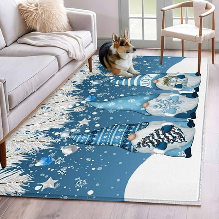 Blue Gnomes Christmas Area Rug 4x6 Washable Rug Non Slip Xmas Snowflake Ball Winter Tree Gifts Large Area Rug Indoor Floor Carpet for Entryway Bedroom Kitchen Living Room Office Dining Room Nursery