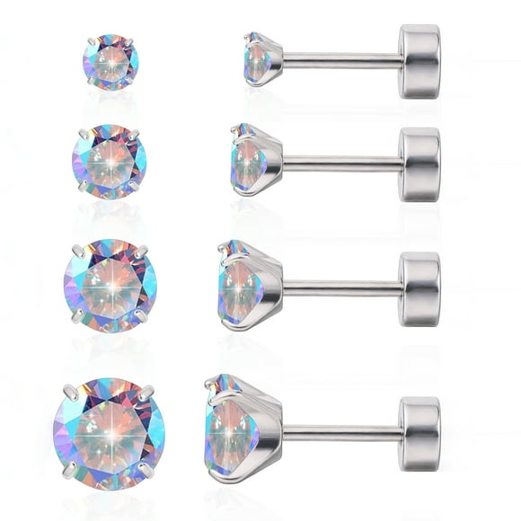 Limerencia F136 Titanium Earrings 4 Pairs Set, Hypoallergenic Flat Bottom Spiral Earrings with Aurora Borealis Zirconia for Women and Men