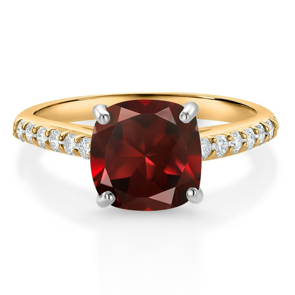 Gem Stone King 10K Yellow Gold 8MM Cushion Cut Red Garnet and White Lab Grown Diamond Engagement Ring for Women (2.78 Cttw, Gemstone January Birthstone, Size 5)