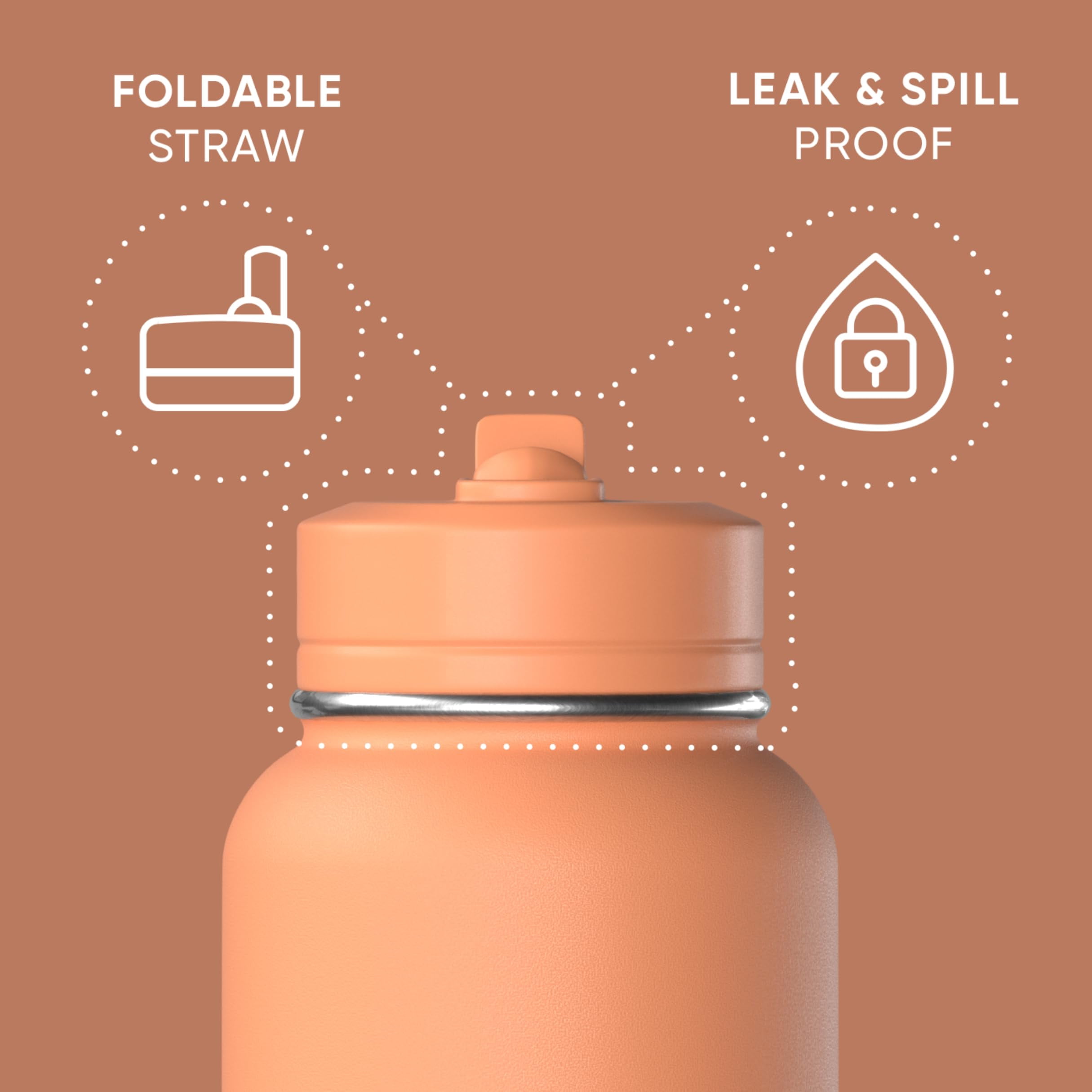 Hydrapeak 32oz Sport Insulated Water Bottle with Straw or Chug Lid, Leak & Spill Proof, Keeps Drinks Cold for 24 Hours, Hot for 12 Hours, Premium Stainless Steel Water Bottles (32oz, Apricot Crush)