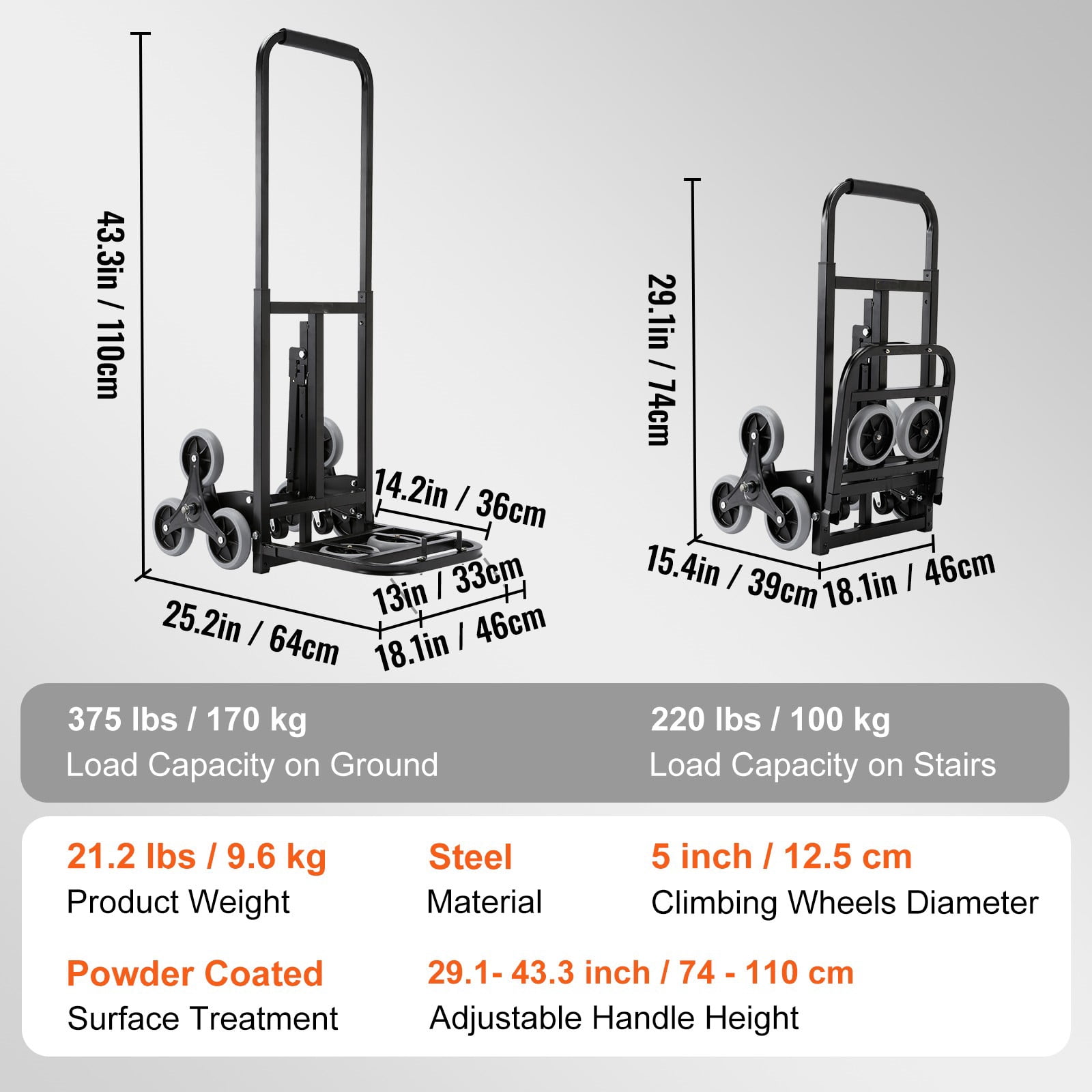 BENTISM Stair Climbing Cart 375lbs Capacity, Portable Folding Trolley with 10 Wheels, Stair Climber Hand Truck with Adjustable Handle for Pulling, All Terrain Heavy Duty Dolly Cart for Stairs