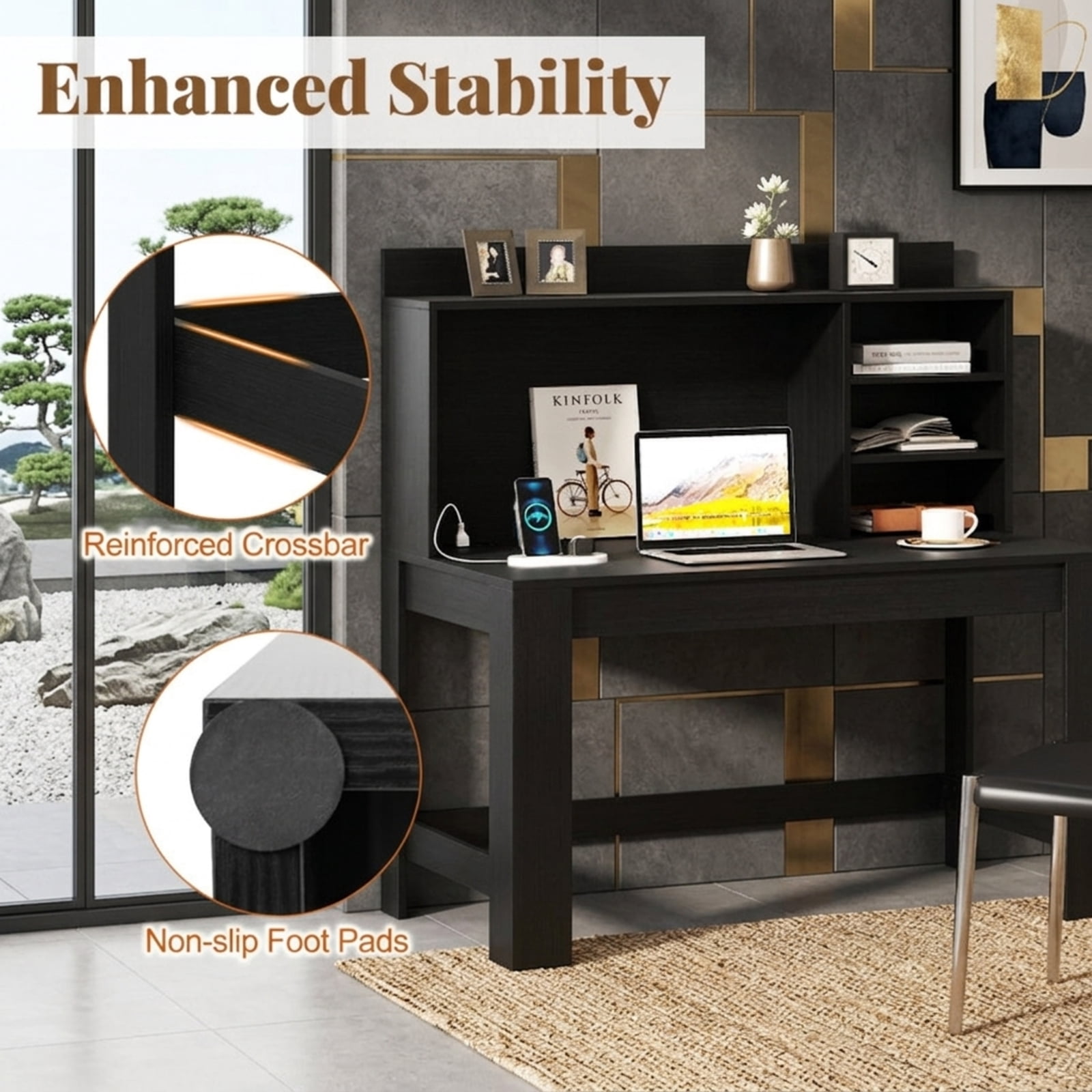 Furnibear Modern Computer Desk with Hutch and Home Office Desk with Storage Shelves Charging Station and USB Ports for Study and Bedroom, Black