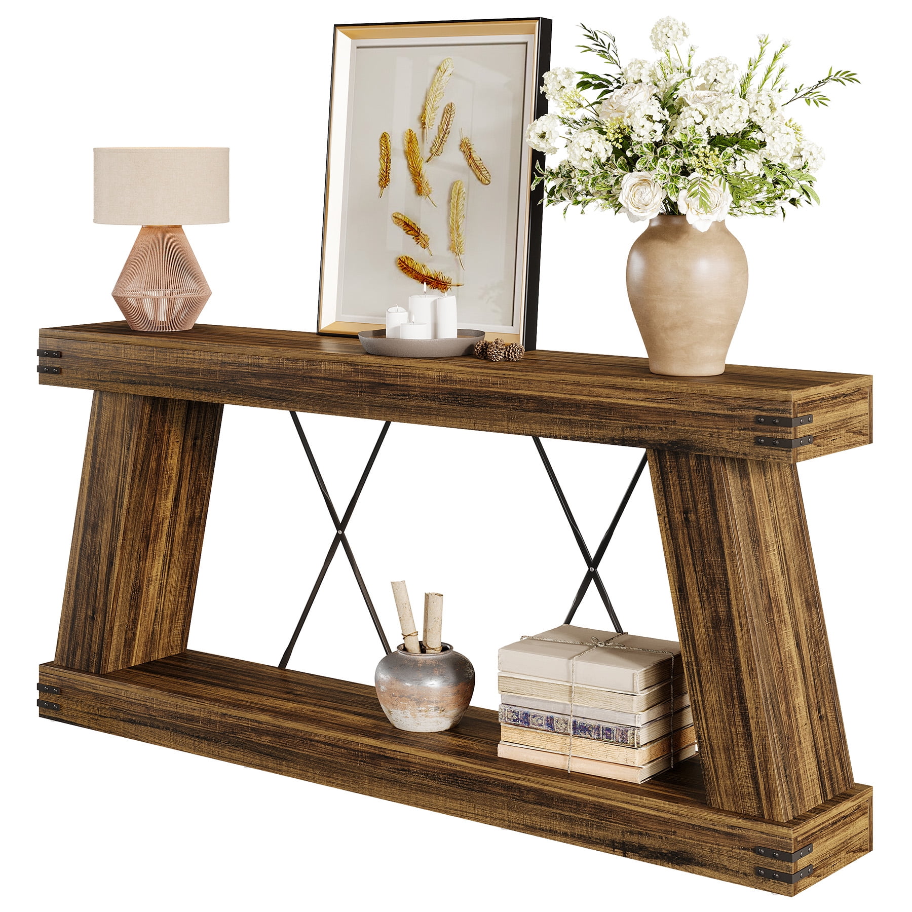 Fnova 70" Farmhouse Console Table, Long 2-Tier Entryway Table with X-Shaped Metal Support, Narrow Wood Sofa Table for Living Room, Hallway, Behind Couch, Dark Brown