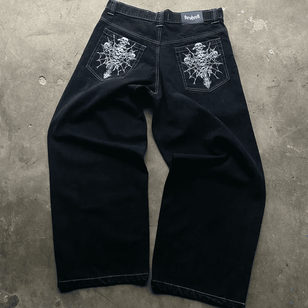【SKULLDEOS】 Design denim pants SUPER SKULL DENIM PANT GREY SKULL – trashandvaudeville