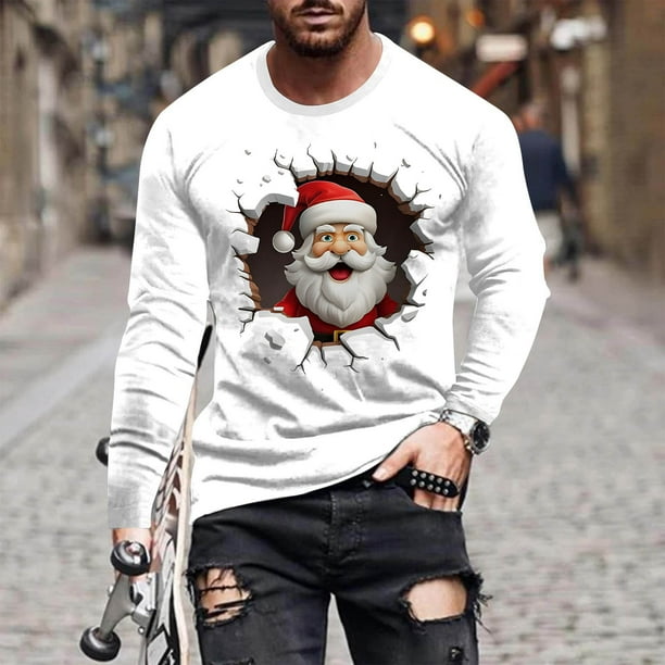 Blusas y camisas de manga larga con cuello redondo para hombre Blusa de manga larga con cuello redondo y estampado navideño para hombre Blusa de poliéster para hombre