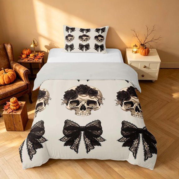 Homewish Halloween Gothic Skull Twin Duvet Cover, Rose Bow Twin Bedding, Beige Black, Gray Reversible 2pcs, 1 Duvet Cover and 1 Pillowcase
