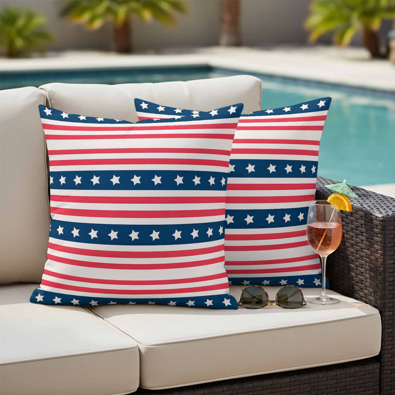 4th of July Outdoor Waterproof Pillow Covers, Independence Day Patriotic Red Blue Striped Decorative Square Throw Pillowcase Sofa Cushion Sham for Patio/Couch/Chair, 16"x16" 2 Pack
