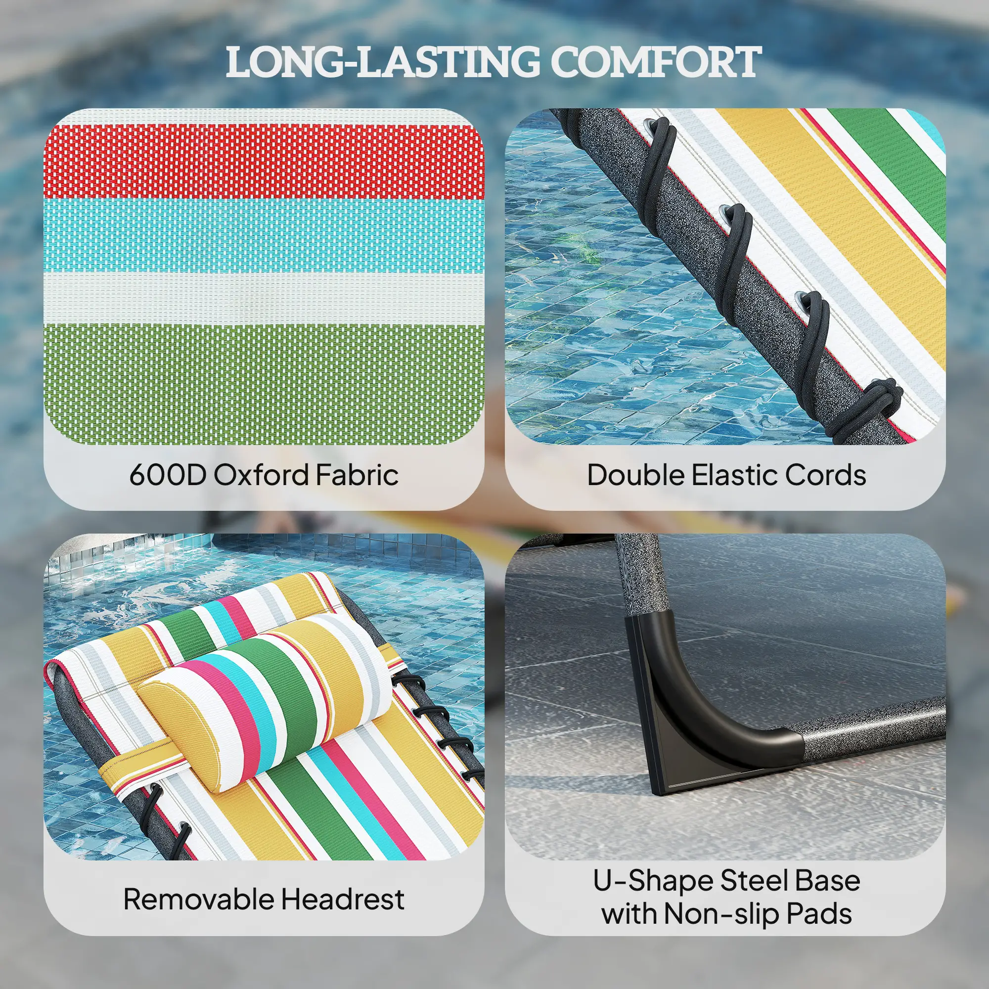 Outdoor Folding Sun Lounger 5-Position Adjustable Recliner with Padded Head Pillow Side Pocket & Tray Table 600D Oxford Fabric Heavy-Duty Pool Beach Chair