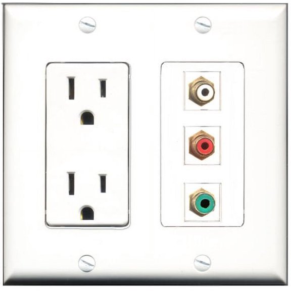 RiteAV - 15 Amp Power Outlet 1 Port RCA Red 1 Port RCA White 1 Port RCA Green Decorative Wall Plate