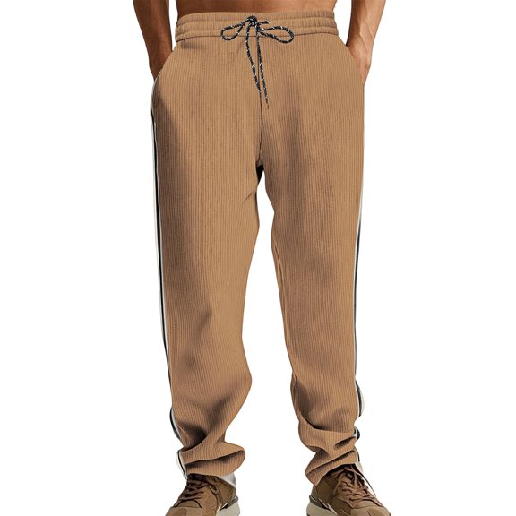GrmtClth Men Daily Vacation Corduroy Side Stripe Straight Trousers Elastic Drawstring Waist Baggy American Retro Casual Walking Pants Khaki L