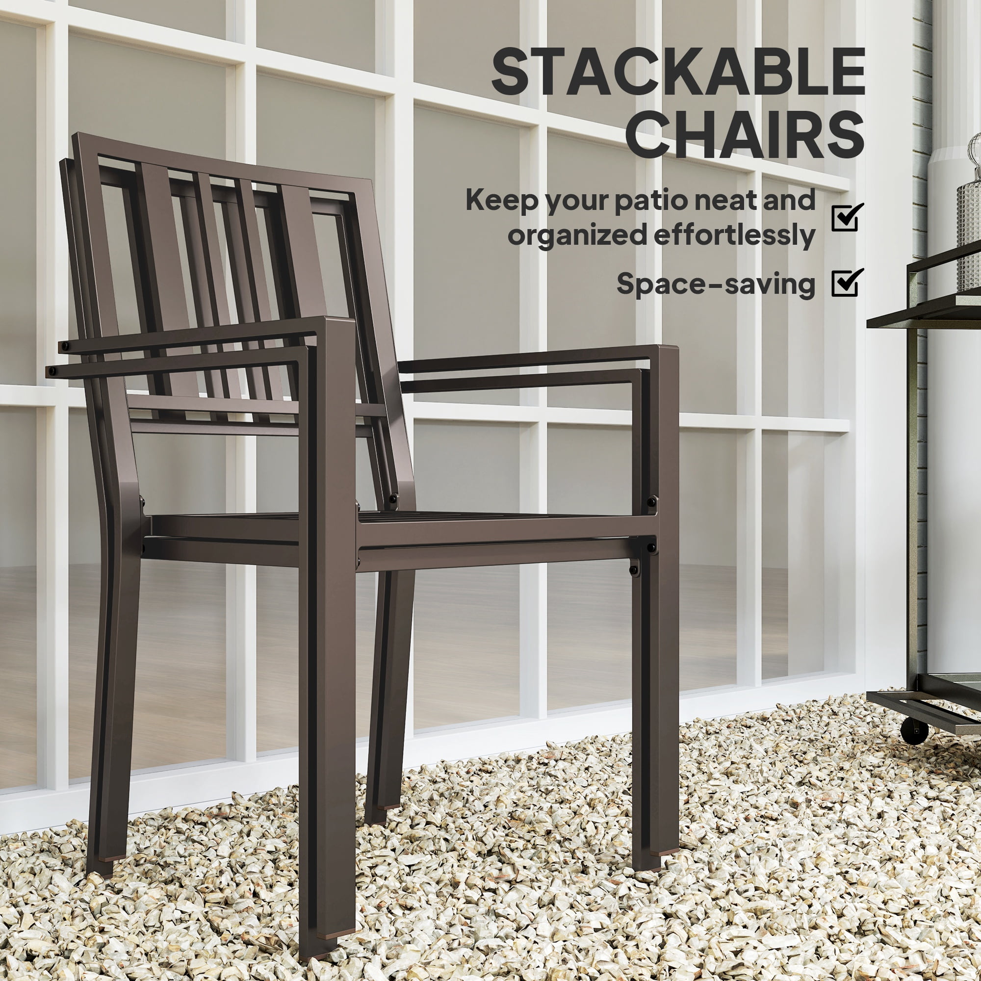 Outsunny Slatted Design Patio Dining Chairs, Set of 2 Stackable Garden Chairs, Dark Brown