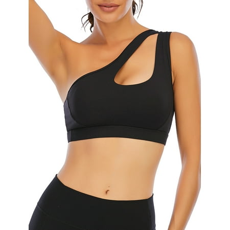 

Single Shoulder Sport Bras for Women Asymmetrical Shoulder Wirefree Padded Sports Bras Medium Support Yoga Bra Removable Cups