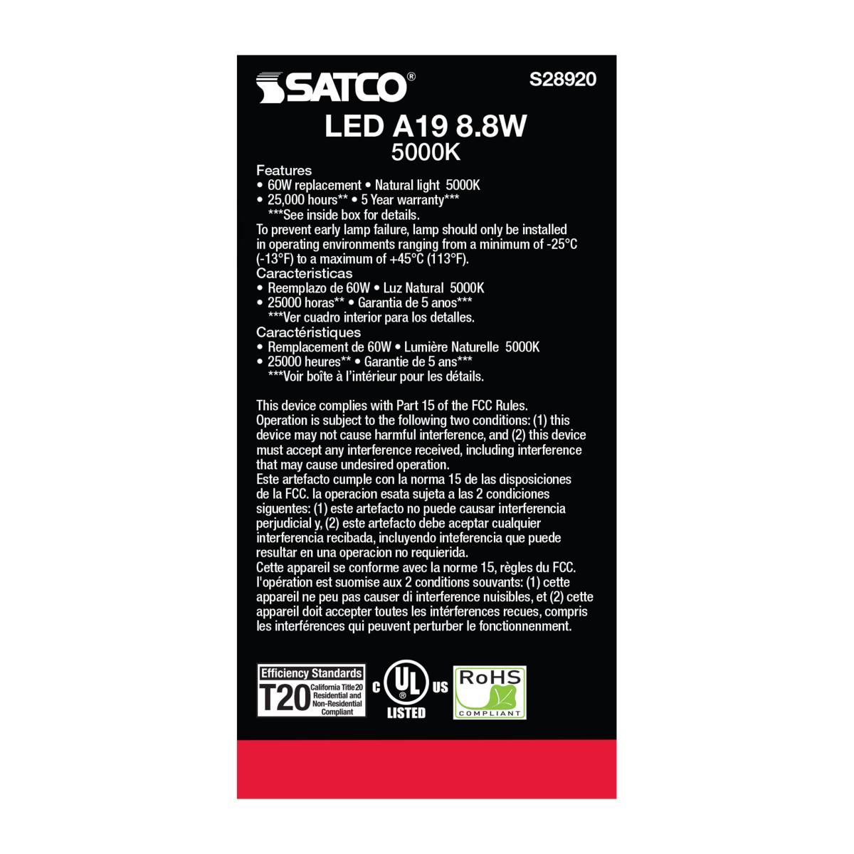 Satco  S28920 8.8W 120V LED A19 Light Bulbs 5000K 800L E26 Medium Base (6 Pack)