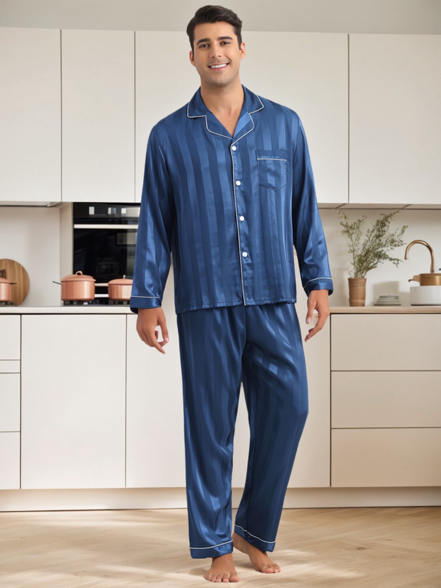 DARING DIVA Men's 2-Piece Long Sleeve Top And Pants Striped Pajama Set M Navy