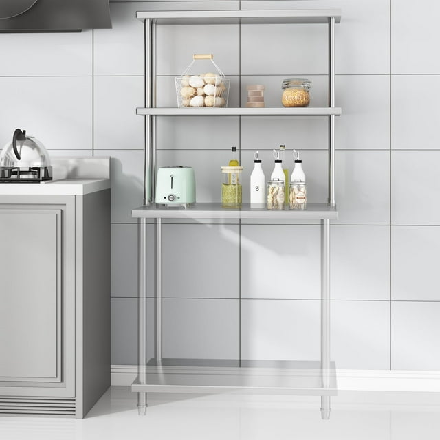 QinaQin Stainless Steel Worktable Shelf, Double Tier Adjustable Commercial Rack for Restaurant, Kitchen or Garage