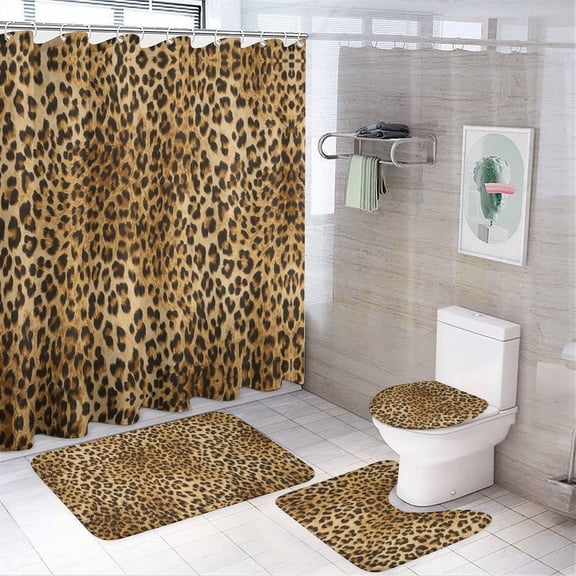 Black And White Leopard Print. Shower Curtain Bathroom Sets Toilet Lid Rug, Bath Mat And Contour Mat, Shower Curtain 4Pcs