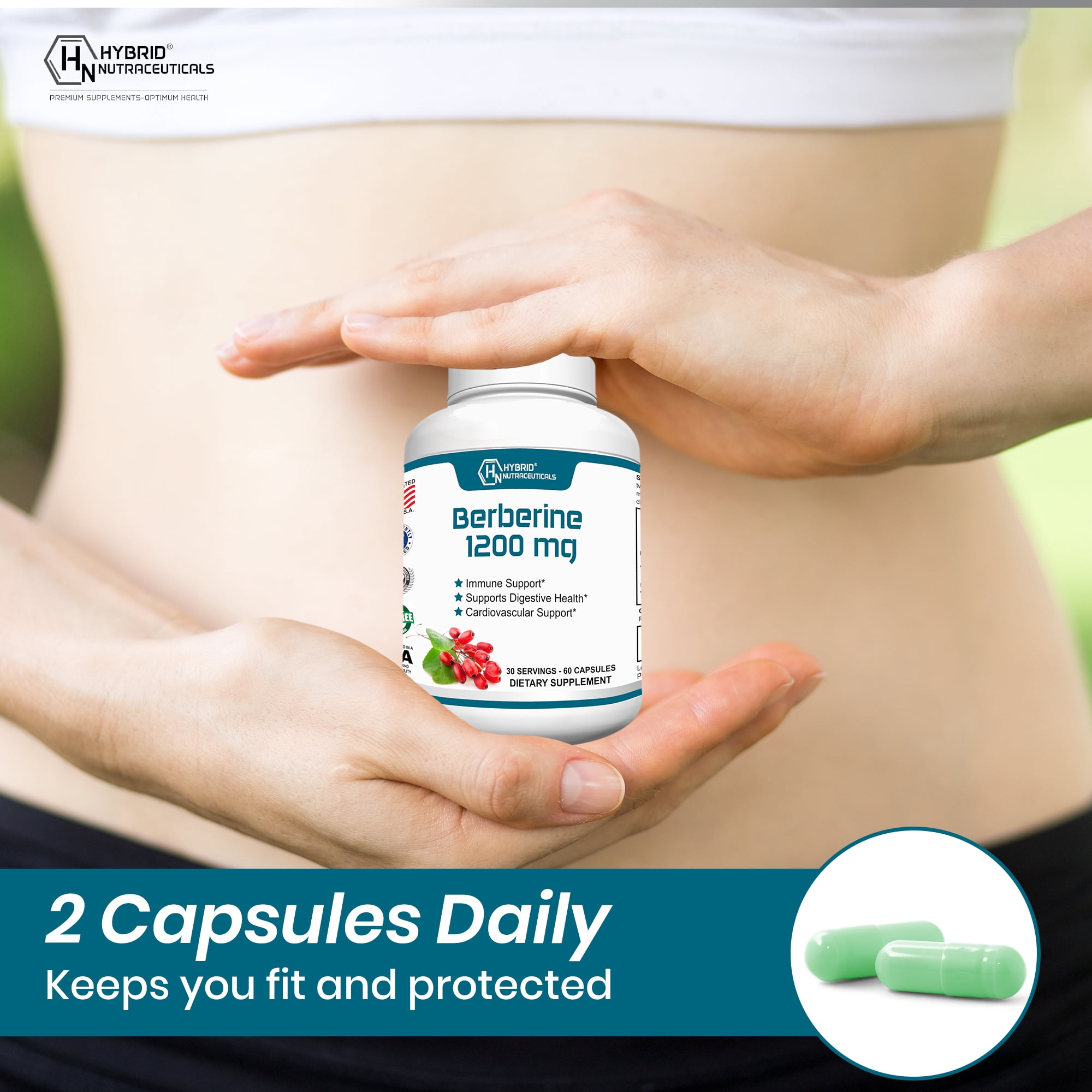 Hybrid Nutraceuticals Berberine 1200mg - Concentrated Berberine HCl Formula - Immune Support, Digestive Support, Healthy Weight - Gluten Free, 60 Capsules