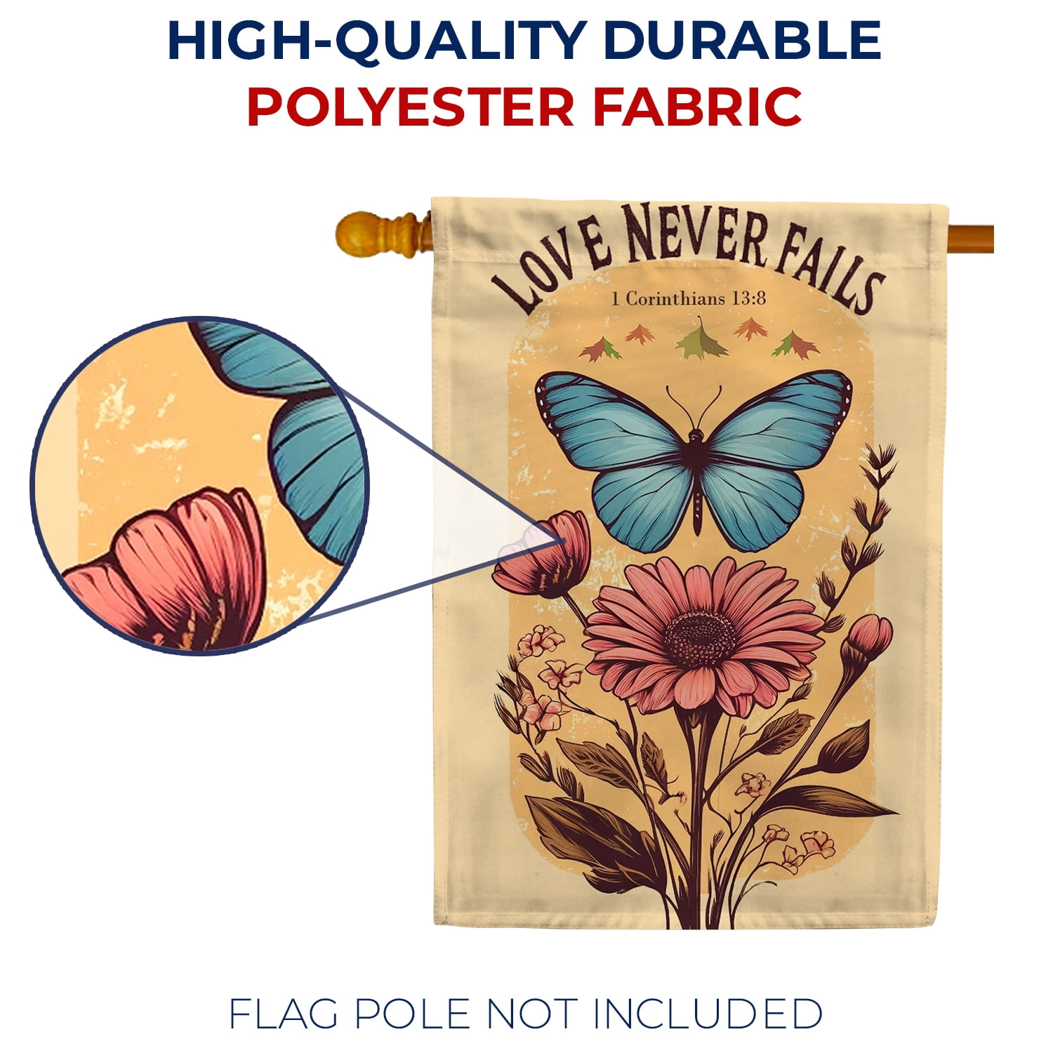 America Forever Bible Verse House Flag, 28 x 40 inch Double Sided, Love Never Fails,1 Corinthians 13:8, Scripture Bible Verse Outdoor Decor, Holiday Outside Decorations Yard Flag