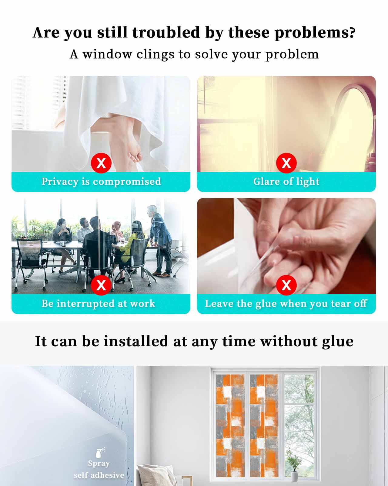 Window Privacy Film Burnt Orange Grey Stained Glass Window Film Decorative Sun Block Window Cover Modern Oil Painting White Geometric Window Clings Static Adhesive Sticker for Bathroom 17.7"x78.7"