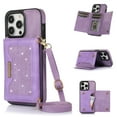 thumbnail image 1 of Allytech RFID Blocking Wallet Case for iPhone 14 Pro 6.1" 5G 2022, Bling PU Leather Flip Folio Stand Card Slots Magnetic Snap Detachable Shoulder Strap Case for iPhone 14 Pro, Purple, 1 of 11