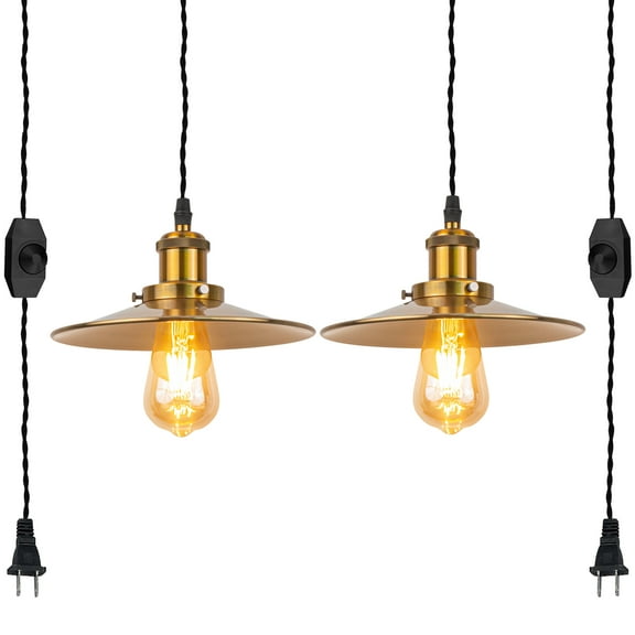 Kiven 2-Light Plug in Pendant Light,Industrial Hanging Light with 15FT Cord, Dimmable Ceiling Pendant Light Brass Finish