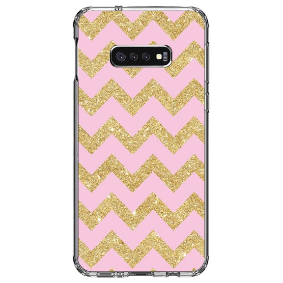 DistinctInk Clear Shockproof Hybrid Case for Samsung Galaxy S10e (5.8" Screen) - TPU Bumper, Acrylic Back, Tempered Glass Screen Protector - Pink & Gold Print - Chevron Pattern