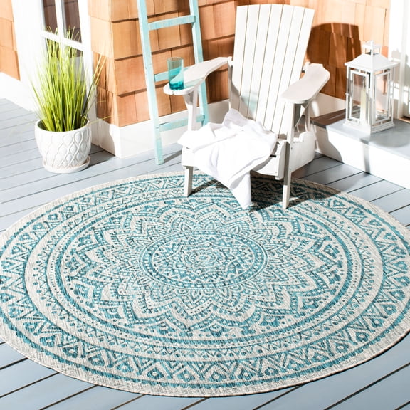 SAFAVIEH Courtyard Josiah Floral Medallion Indoor/Outdoor Area Rug, Light Grey/Teal, 9' x 9' Round