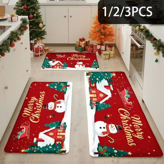3PCS Kitchen Mat set, Welcome Door Flannel Rug,Home Decor for Front Door,Kitchen, Bathroom, Christmas Snowmen Houses Trees Lights ,Great gift for Family and Friends.