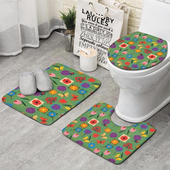 Pioneer Flower Floral Print Pattern Bathroom Rugs Sets 3 Piece, Toilet Cover Set, Absorbent Non Slip Bathroom Mats with U-Shaped Contour Rug
