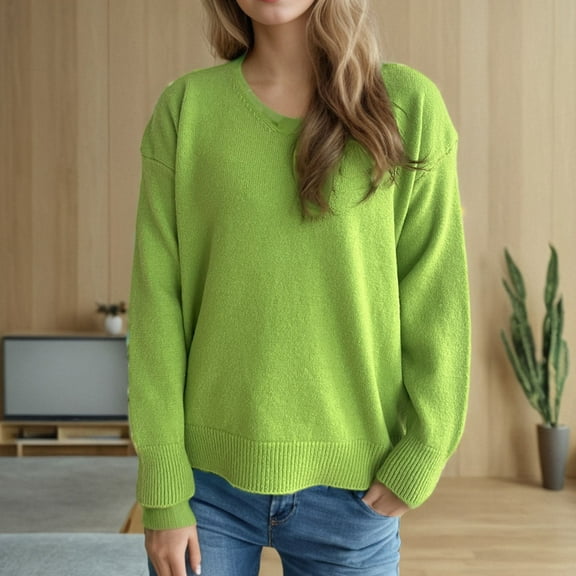 Itsame Knitted Sweater Women Long Sleeves Loose Sweatershirt Crew Neck Solid Color Relaxed Sweatshirts Green Size L