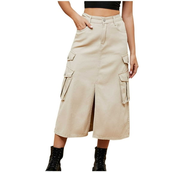 Kaemgyyd Cargo Skirts for Women Trendy Loose Midi Denim Skirt Casual Button Solid Color Fashion Jean Streetwear with Pockets