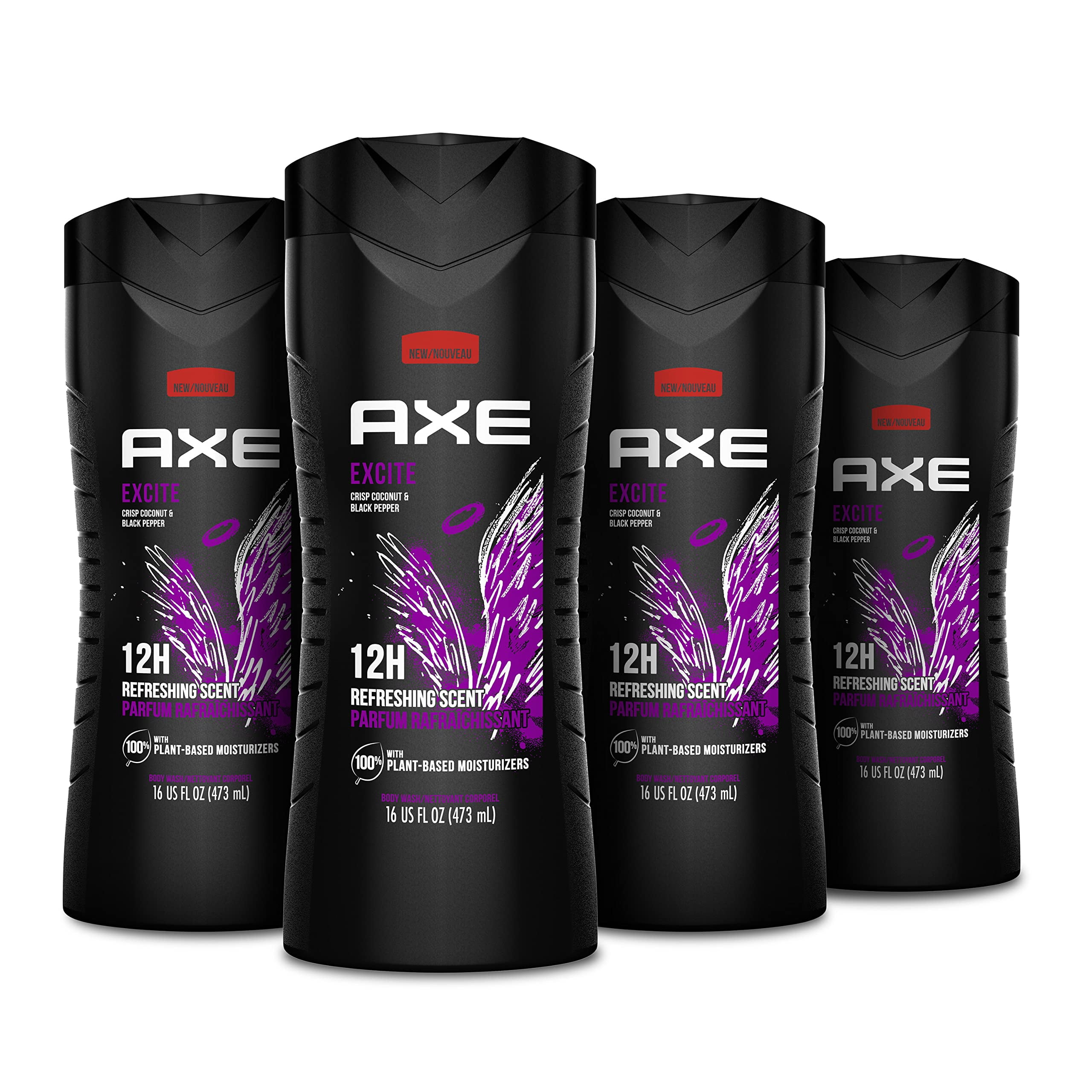 AXE Body Wash 12h Refreshing Scent Excite Crisp Coconut & Black Pepper Men's Body Wash with 100% Plant-Based Moisturizers 16 oz 4 Pack C6