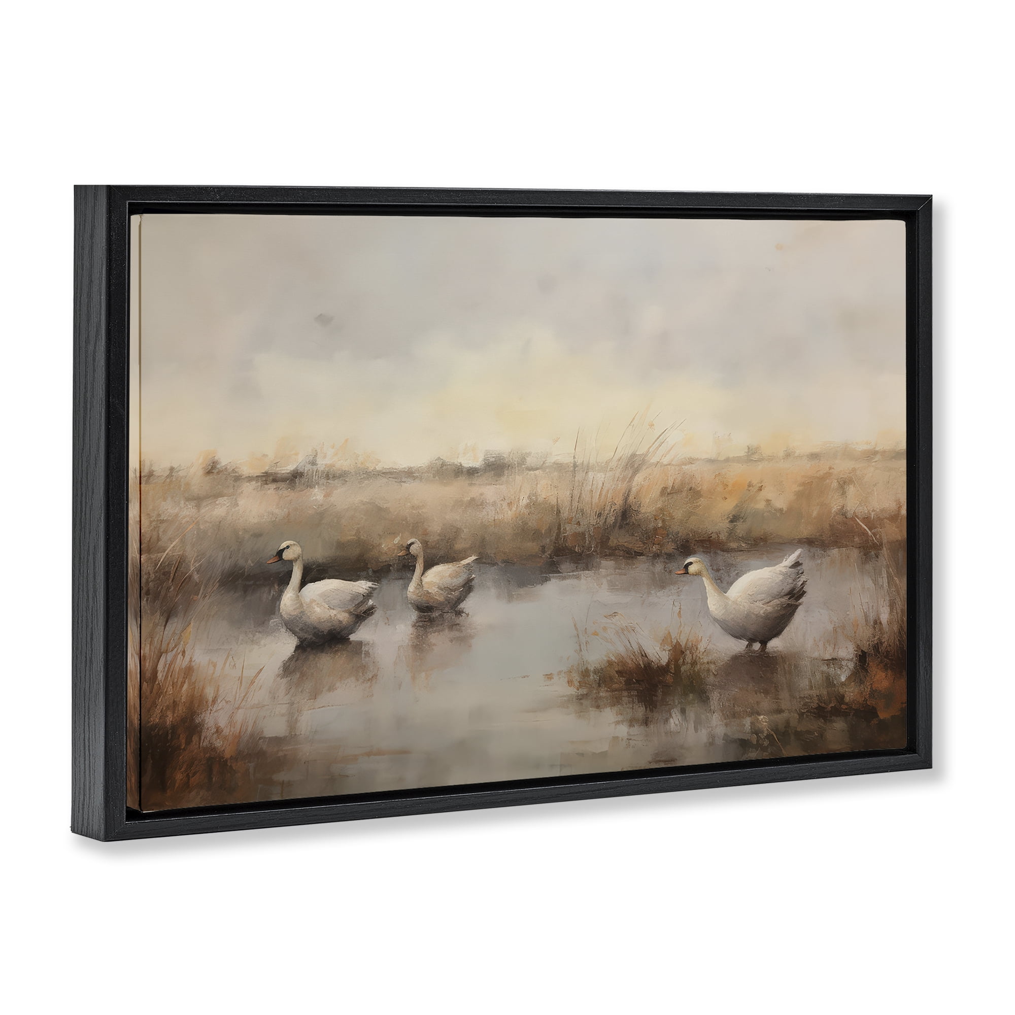 Stupell Industries Swan Family Rural Pond Landscape & Nature Painting Black Floater Framed Canvas Art Print Wall Art, 25 x 17